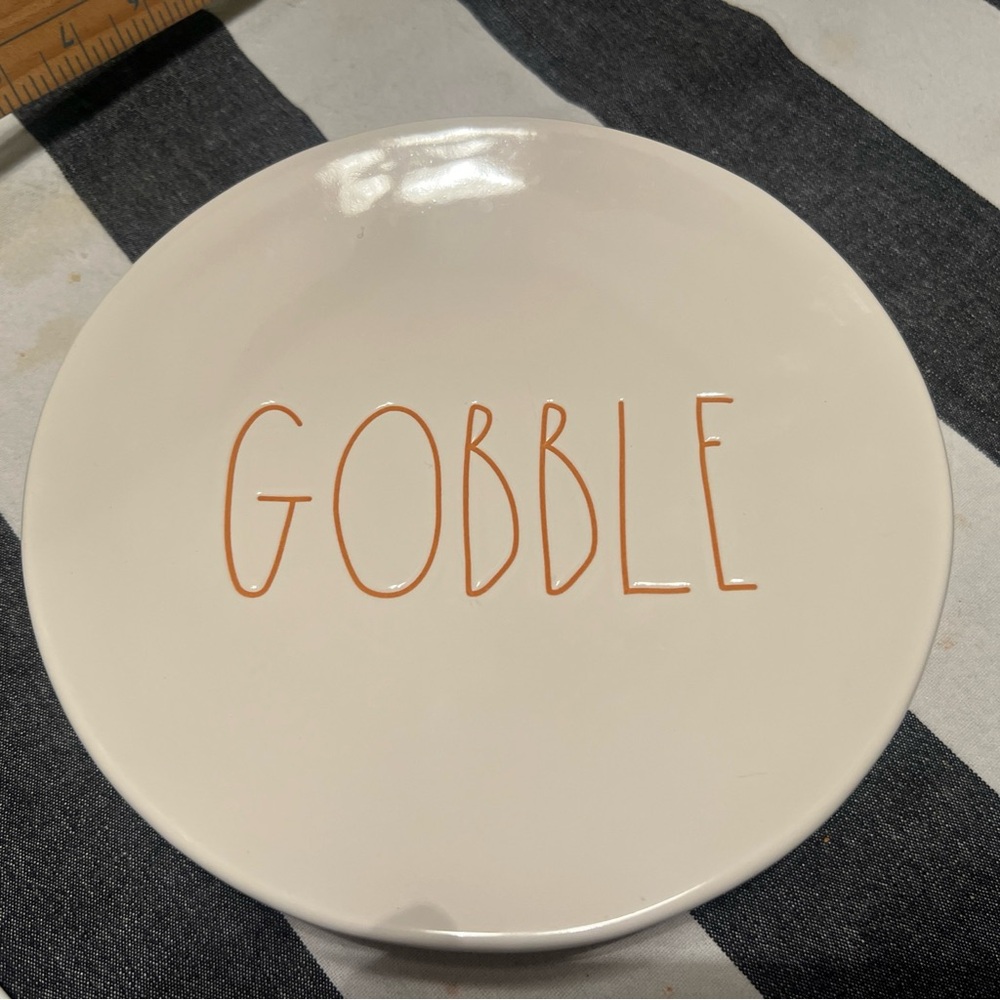 Rae Dunn Cream Plate with Orange 'Gobble' Text-Set of 3